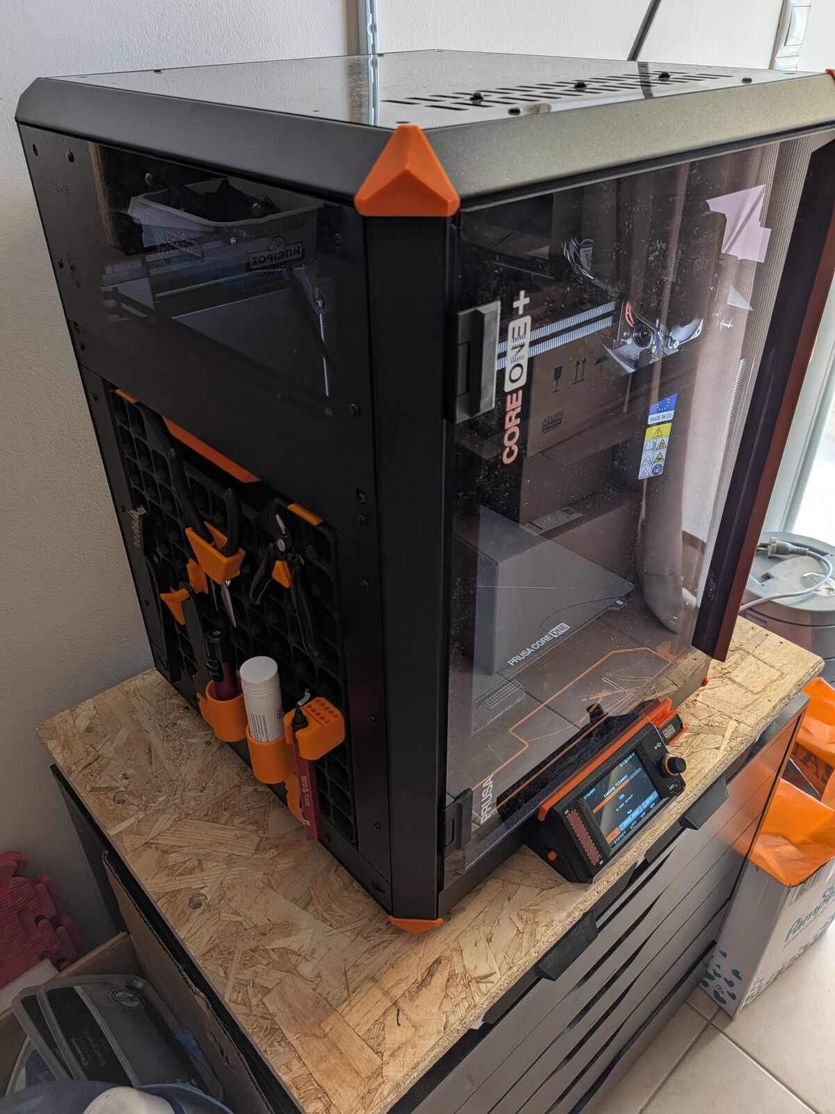 Core One+ seen from the corner with orange corner blockers